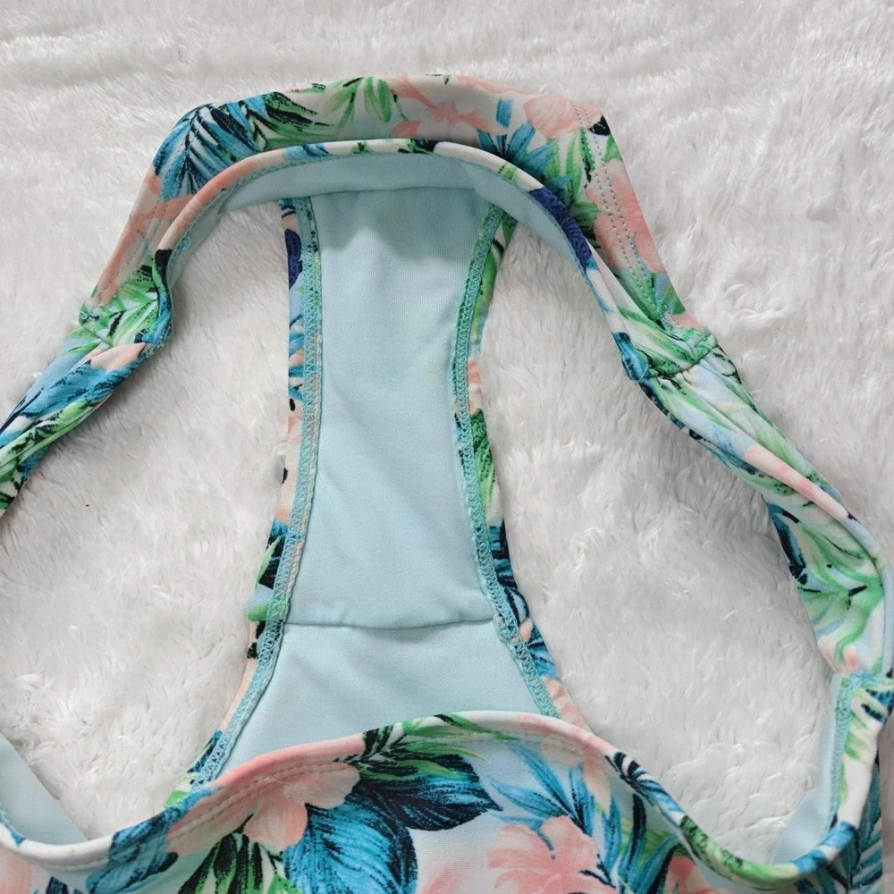Forever‎ 21 Small Aqua Blue Bandeau Floral Swimsuit Bikini Cheeky Swimwear Set
